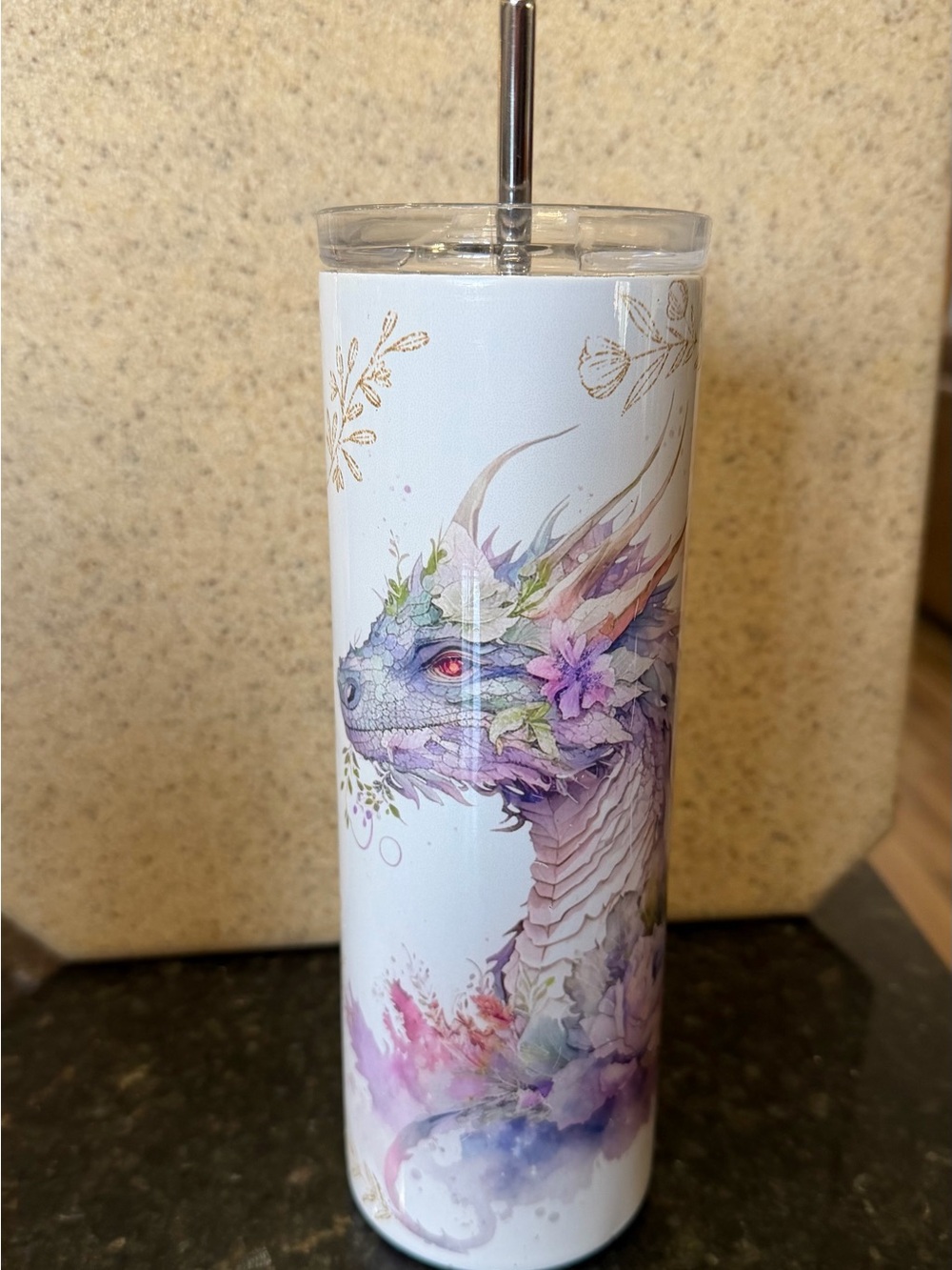 Floral Dragon Stainless Tumbler - White and Purple 20oz